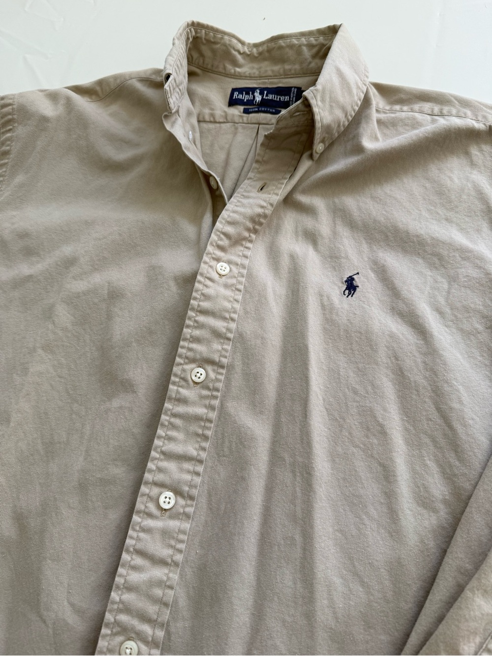 Ralph Lauren Men's Button-Down Shirt in Beige with Navy Pony